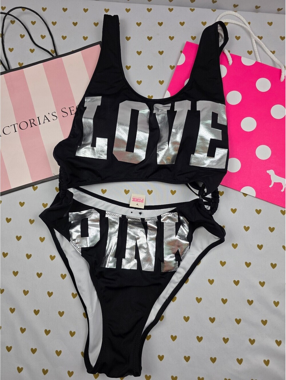 NWT Victoria's Secret PINK LOVE Silver Foil Bikini Swimsuit MONOKINI Medium